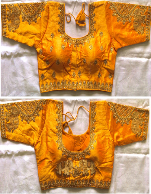 yellow fentam silk |front open pattern  fabric embroidery hand work thread jari work work party wear  
