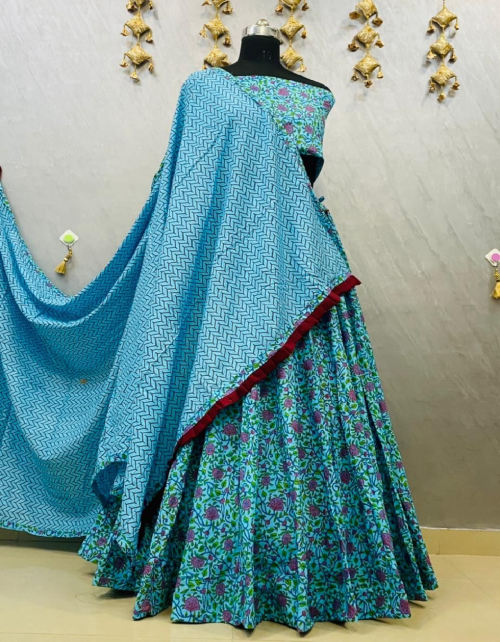 sky lehenga -soft pure cotton flair 6to7m |size 42 |blouse dupatta -pure cotton fabric printed work casual 