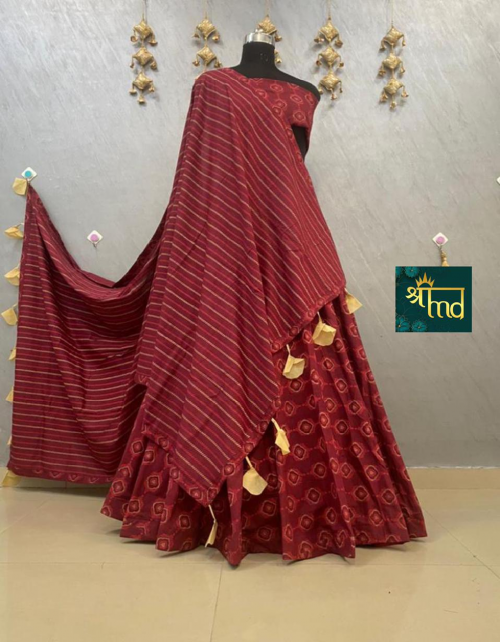 maroon lehenga -soft pure cotton flair 6to7m |size 42 |blouse dupatta -pure cotton fabric printed work party wear  