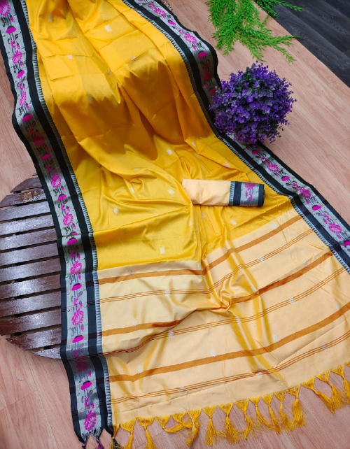 yellow banarasi silk paithani fabric weaving jacqaurd work wedding 