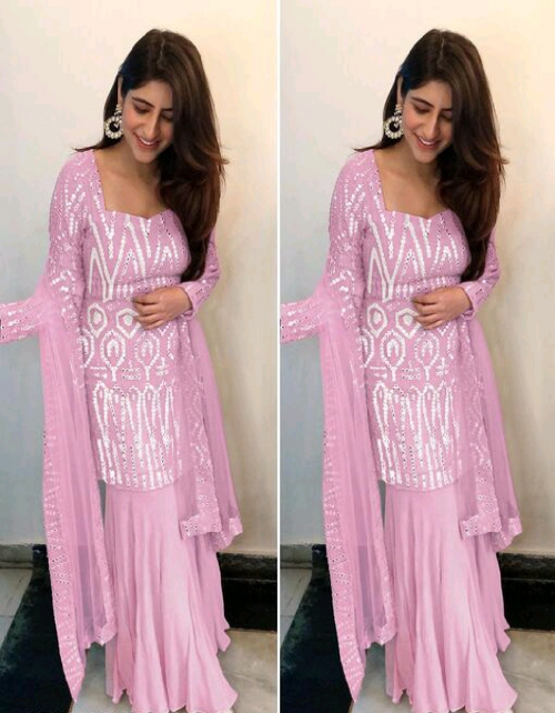 pink top -georgette length 38 |bottom -georgette 1.9m length |dupatta -net 2.2m |inner -crepe |type -un stitched fabric embroidery paper mirror work work running  