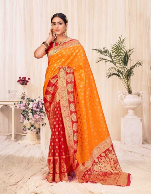 orange banarasi silk fabric weaving jacqaurd  work party wear  