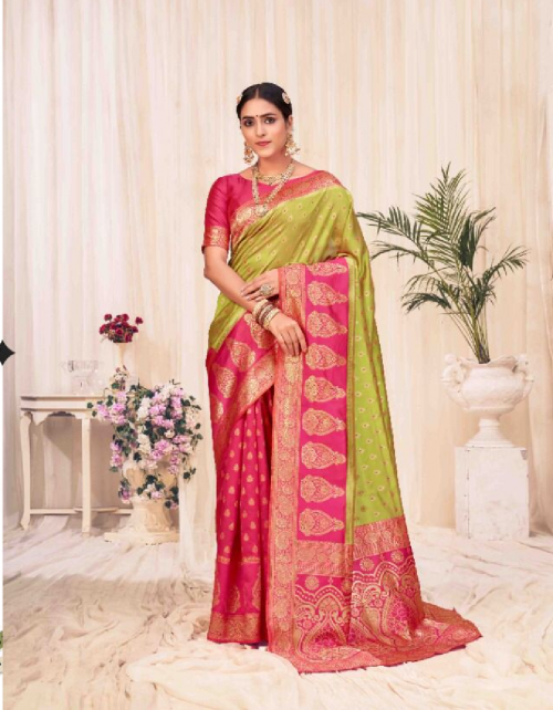 parrot pink banarasi silk fabric weaving jacqaurd  work festive  