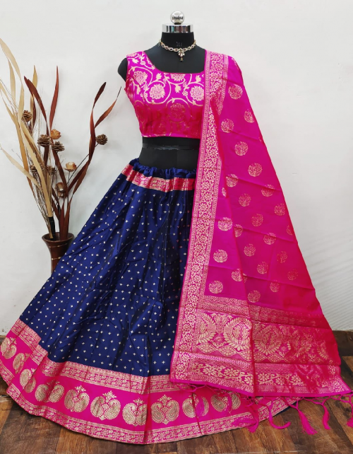 blue pink lehenga -brocade banarasi silk with cancan inner semi stitched |blouse -full stitched pure banarasi silk |dupatta - pure banarasi silk  fabric weaving jacqaurd  work wedding 