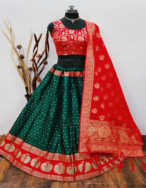 green red lehenga -brocade banarasi silk with cancan inner semi stitched |blouse -full stitched pure banarasi silk |dupatta - pure banarasi silk  fabric weaving jacqaurd  work casual  