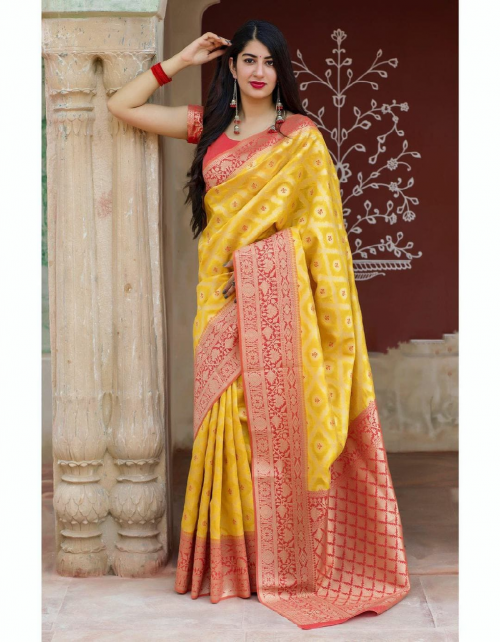 yellow red soft lichi silk fabric weaving jacquard work casual 