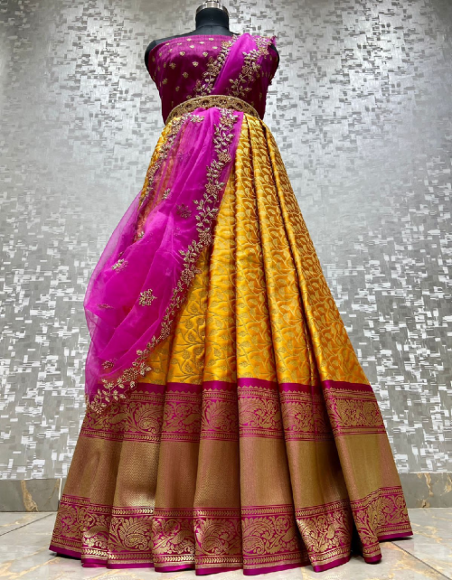 yellow lehenga -kanjivaram silk 3m|blouse -banglori 0.80m |dupatta -organza 2.20m fabric weaving jacqaurd  work festive  