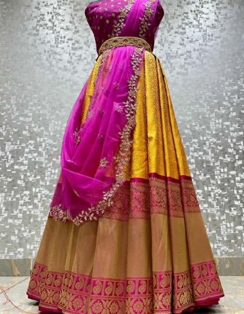 yellow pink lehenga -kanjivaram silk 3m |blouse -satin banglori 1m|dupatta -organza 2.20 fabric weaving jacqaurd  work ethnic 