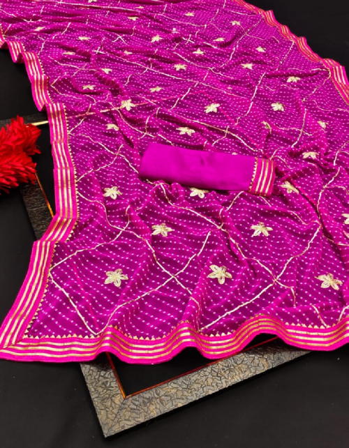 dark pink bandhani motda heavy jaipuri gotta patti work saree |blouse -banglori fabric gotta patti work   work party wear 