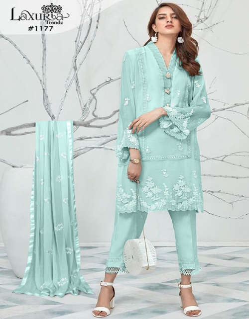 sky top-fox georgette |pant-cotton strachble |dupatta-nazmin fabric handwork embroidery work party wear 