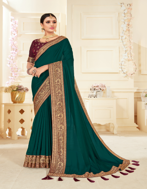 green vichitra silk  fabric zari lace border  work party wear  