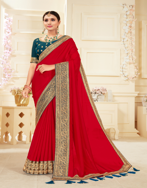 red vichitra silk  fabric zari lace border  work festive 
