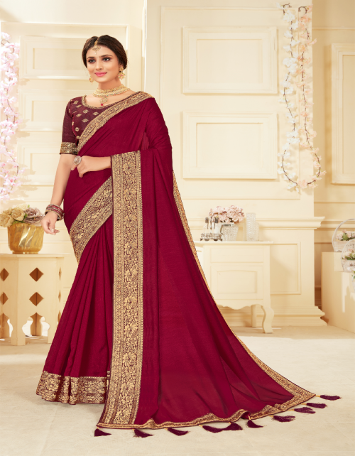 maroon vichitra silk  fabric zari lace border  work ethnic 