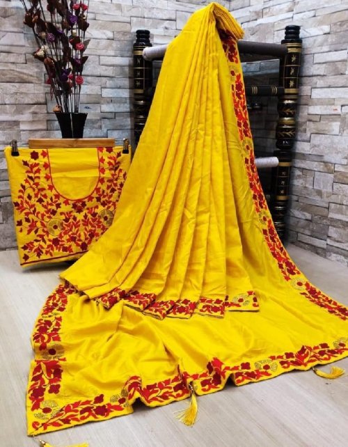 yellow silk fabric embroidery +swaroski diamond work work party wear 