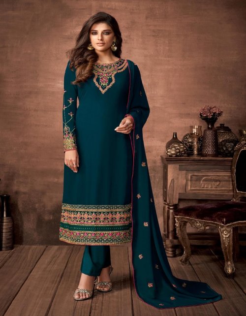 teal blue georgette fabric embroidery work ethic 