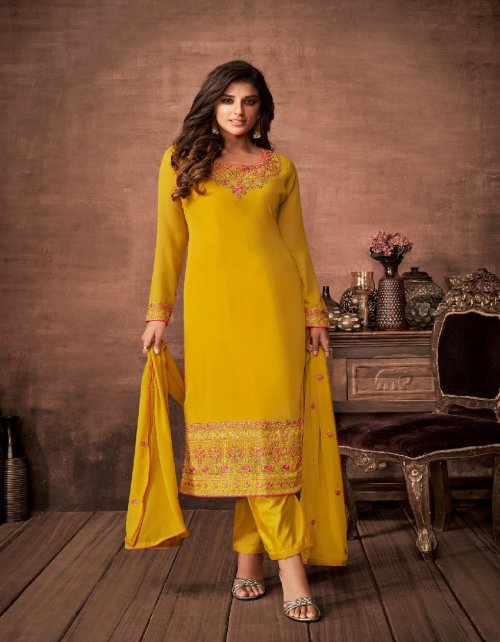 yellow georgette fabric embroidery work festive 