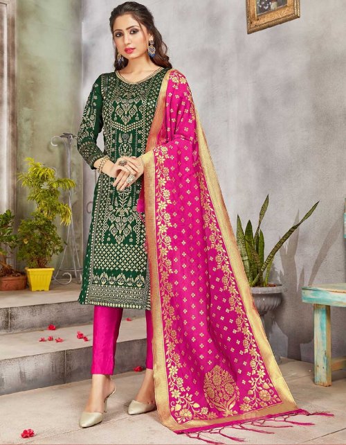 green & rani pink banarasi silk fabric weaving work casual 