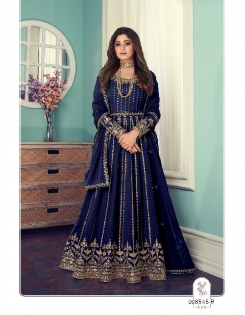 navy blue top - georgette with codding sequnace embroidery work | inner - heavy shantoon ( 2 m) | sleeves - georgette + codding sequance embroidery work | bottom - heavy dull santoon ( 2 m) | dupatta - georgette less patti work | length - max upto 54 | size - max upto 48 | flair - max upto 3.20 m fabric sequance embroidery work casual 