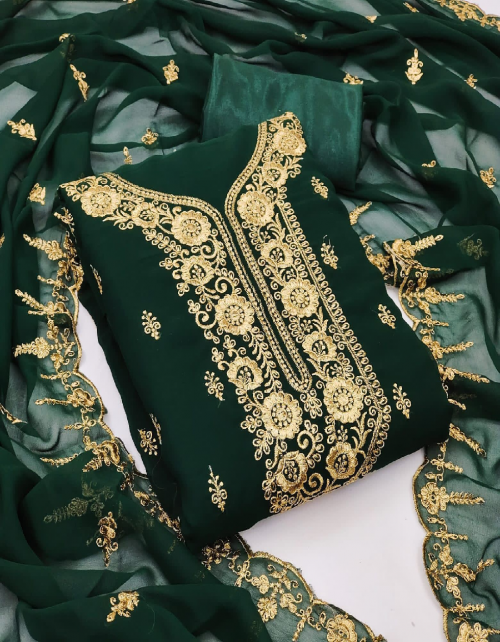 dark green top - georgette long suits ( 2 m) | bottom & inner - santoon  ( 3.6 m) | dupatta - georgette heavy border work ( 2.1 m) fabric embroidery + jari work work casual 