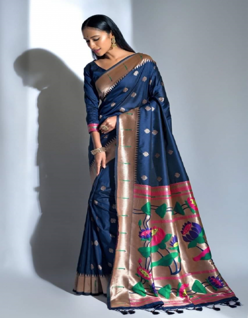 navy blue soft silk paithani fabric weaving jacquard work ethnic 