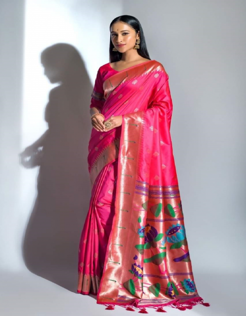 pink soft silk paithani fabric weaving jacquard work party wear 