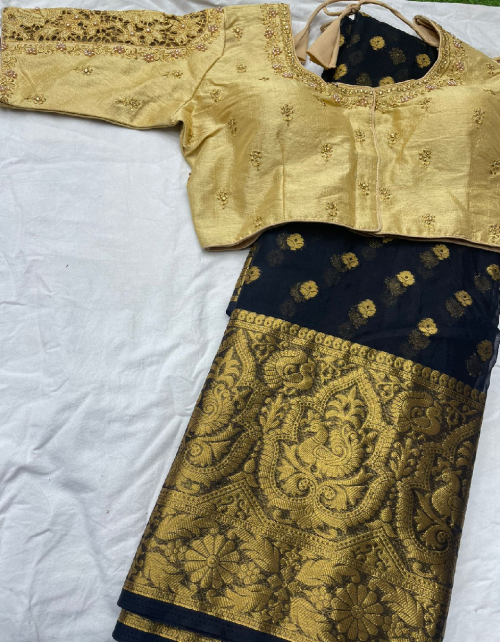 black saree - kanchipuram organza gold jacquard with golden butti | blouse - handwork n cutwork - size - 38