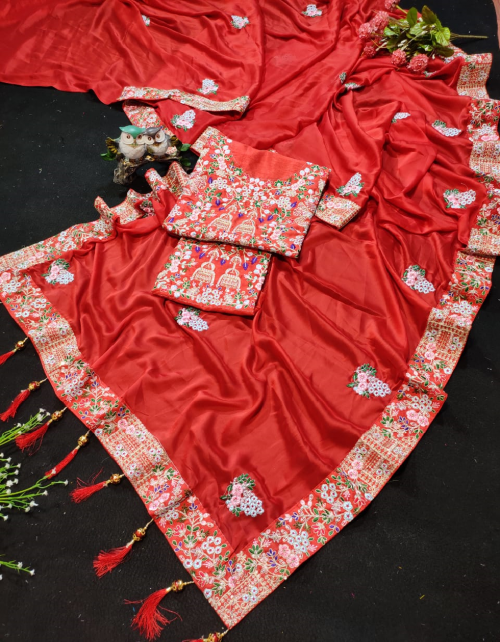 red saree - soft rangoli silk | blouse - banglory silk fabric thread sequance work festive 