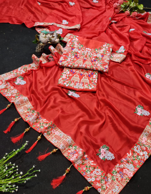 red saree - soft rangoli silk | blouse - banglory silk  fabric embroidery  work ethnic 