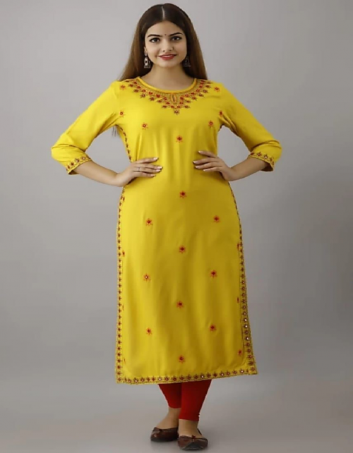 yellow 14 kg heavy rayon with embroidery and mirror work fabric embroidery work casual 