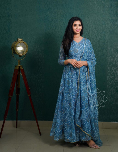 sky blue fox georgette with complete lining | length - 50 + inch  +  dupatta fabric printed work party wear 