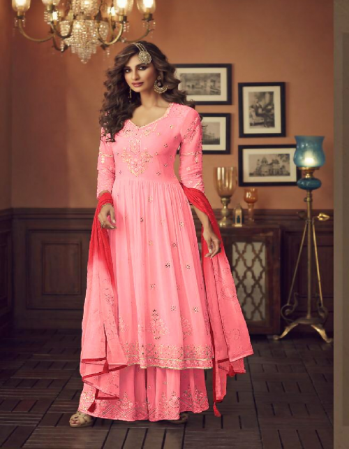 pink top -fox georgette with embroidery work + santoon | type - semi stitched ( material ) | size - max upto 44