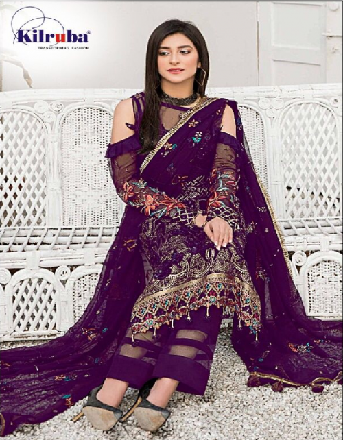 purple top - georgette with embroidery and sequance work with back work ( including sleeves ) | bottom - santoon | dupatta - nazmeen with embroidery and sequance work with tussels | type - semi stitched | size - fits upto 56 | length - 40 