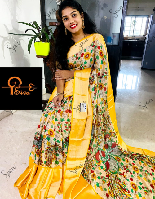 yellow soft moss chiffon with floral and kalamkari printed fabric printed work party wear 