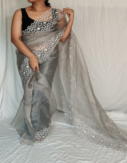 grey saree - heavy organza with embroidery work | blouse - plain silky satin fabric embroidery work ethnic 
