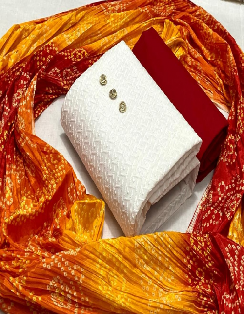 red top - cotton chiffli suits ( 1.9 m) | bottom - cotton ( 2 m) | dupatta - chinon bandhej print ( 2.10 m) fabric chikankari work work festive 