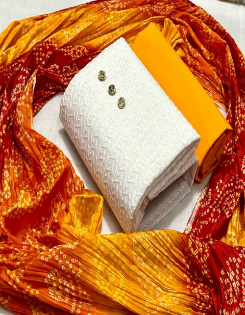 orange top - cotton chiffli suits ( 1.9 m) | bottom - cotton ( 2 m) | dupatta - chinon bandhej print ( 2.10 m) fabric chikankari work work festive 