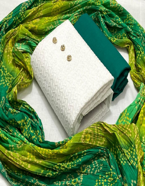dark green top - cotton chiffli suits ( 1.9 m) | bottom - cotton ( 2 m) | dupatta - chinon bandhej print ( 2.10 m) fabric chikankari work work casual 