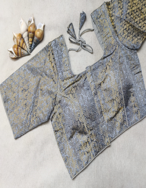 sky blue heavy banarasi khatan blouse | height - 15 | sleeves - 10 inch | padded | front with hook n back dori  fabric weaving work casual 