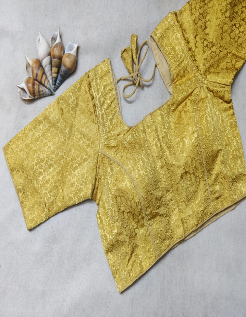 yellow heavy banarasi khatan blouse | height - 15 | sleeves - 10 inch | padded | front with hook n back dori  fabric weaving work ethnic 