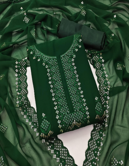 dark green top - georgette neck work sequance work ( 1.9 m) | bottom & inner - santoon ( 3.6 m) | dupatta - georgette with heavy work ( 2.1 m)  fabric sequance work festive 