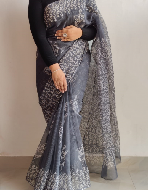 grey kota dhoriya with digital printed & heavy satin blouse  fabric digital printed work ethnic 