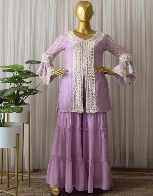 purple top - georgette embroidery sequance | sharara - georgette | inner - silk | stitch - full stitch upto 44 with elastic | 3 layer ruffle sharara  fabric embroidery work ethnic 