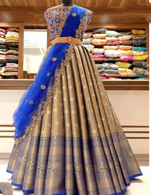 blue lehenga - pure kanjivaram silk ( 3 m) | blouse - jacquard fabric ( 1 m ) | dupatta - organza with two side piping (2.20m)  fabric zeri work work festive 