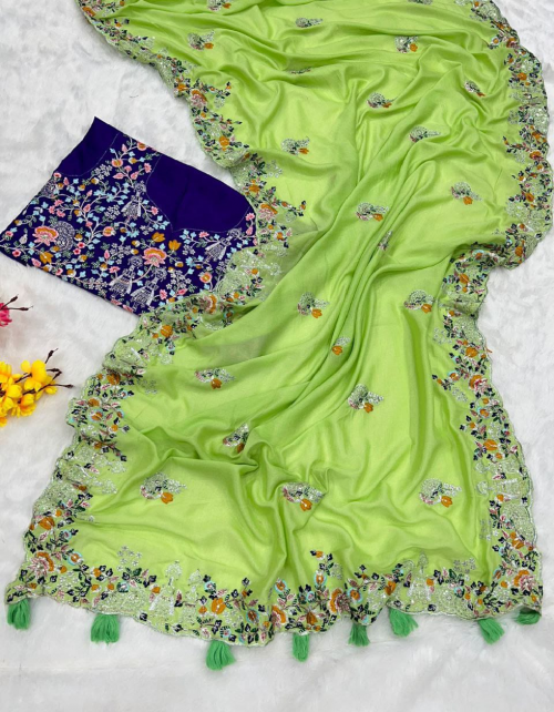 parrot green saree - soft rajwadi silk | blouse - banglori silk  fabric thread embroidery sequance work work festive 