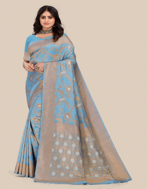 sky blue soft dola silk  fabric weaving work ethnic 