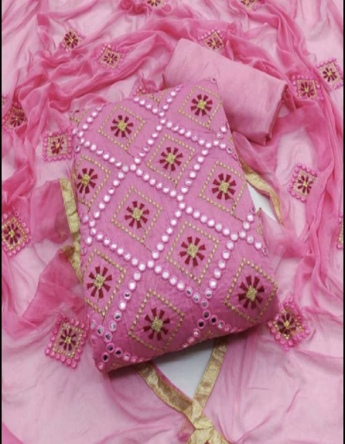 pink top - chanderi silk ( 2.10 m) | inner + bottom - santoon ( 1.50 +2.00 m) | dupatta - chinon dioble ( 2.10 m)  fabric gotta patti with embroidery work work party wear 