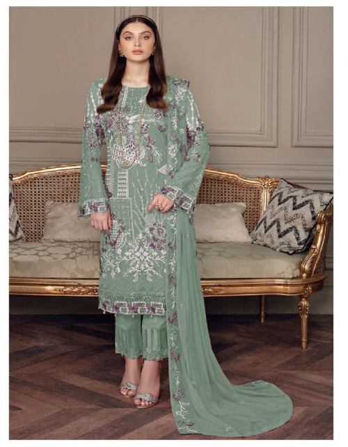 pastal green top - georgette with sequance embroidery with diamond work ( latkan attached ) | dupatta - nazneen with embroidery work | bottom - santoon + patch work | inner - santoon | length - 44