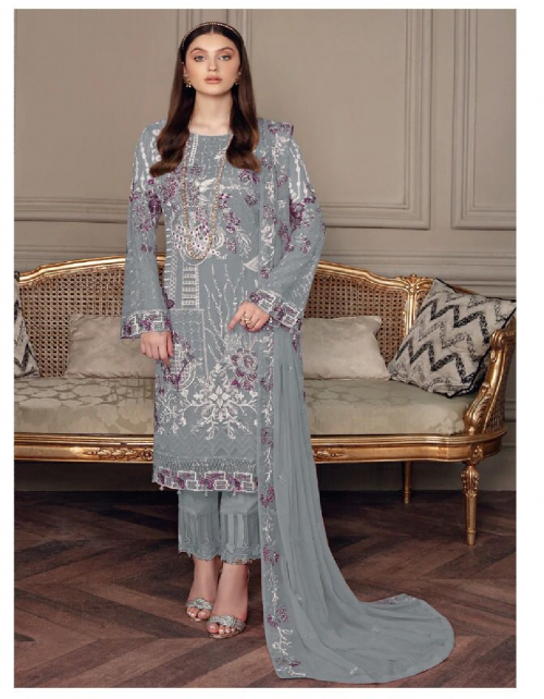 grey top - georgette with sequance embroidery with diamond work ( latkan attached ) | dupatta - nazneen with embroidery work | bottom - santoon + patch work | inner - santoon | length - 44