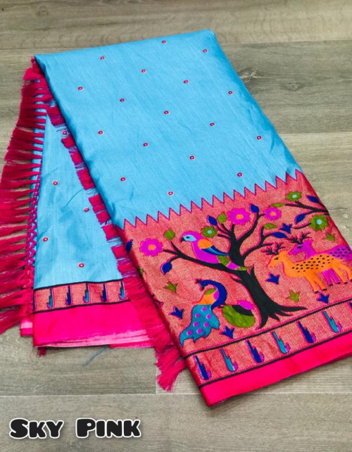 sky blue soft paithani silk  fabric printed work casual 