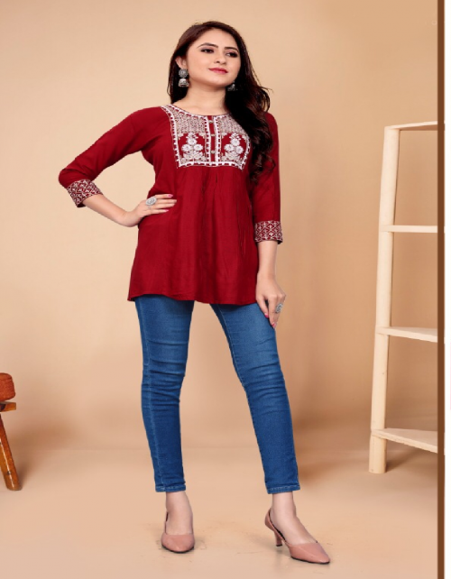 red 14kg rayon with embroidered | length - 28 fabric embroidery work festive 
